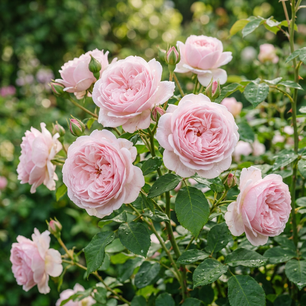 Cluster of pale pink roses and buds on green leafy stems