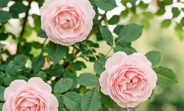 Pink roses blooming on green bushes along a garden pathway